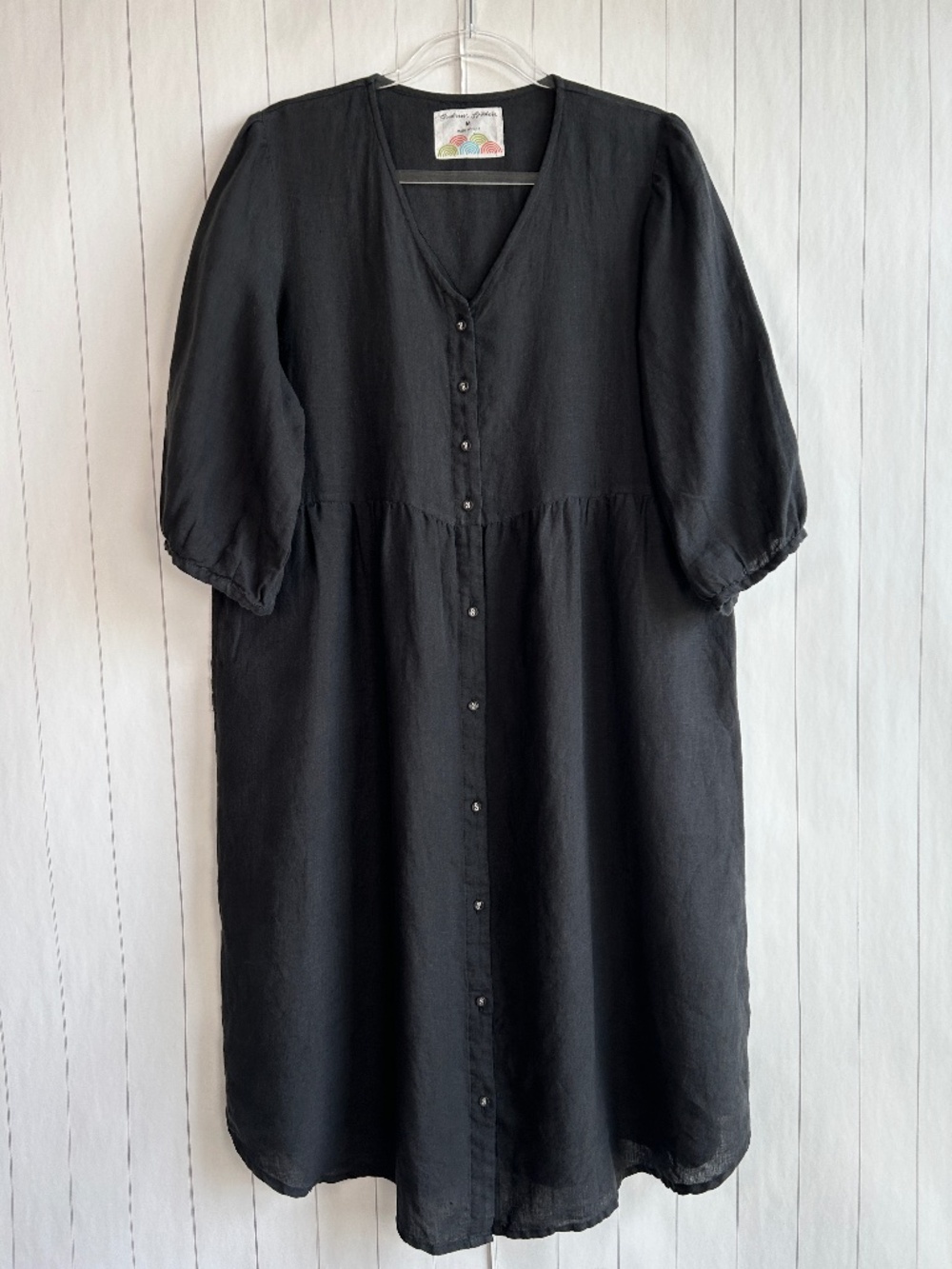 Gudrun Sjoden size M midi dress button front 3/4 sleeve black 100% linen v-neck